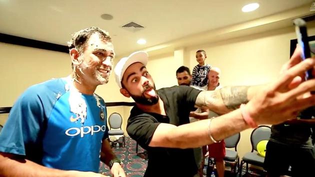 MS Dhoni celebrated his 36th birthday in Jamaica on Friday with his fellow Indian cricket team players.(Screengrab from BCCI video)