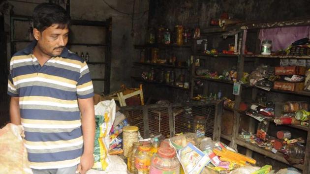 Swapan Pal’s grocery store at Trimohini crossing in Basirhat was vandalised. (Samir Jana) Swapan Pal’s grocery store at Trimohini crossing in Basirhat was vandalised. (Samir Jana)