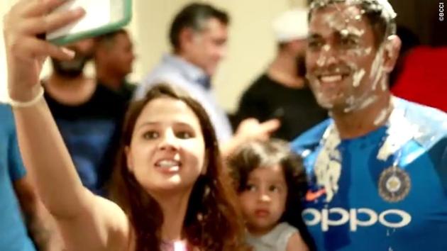 Dhoni is all smiles as he poses for a selfie with wife Sakshi and daughter Ziva.  (BCCI) 