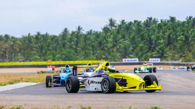 Vishnu Prasad in action at the 20th JK Tyre FMSCI National Racing Championship at the Kari Motor Speedway in Coimbatore. (HT Photo) Vishnu Prasad in action at the 20th JK Tyre FMSCI National Racing Championship at the Kari Motor Speedway in Coimbatore. (HT Photo)