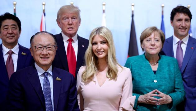 (L to R), Japan's Prime Minister Shinzo Abe, World Bank President Jim Yong Kim, US President Donald Trump, Ivanka Trump, German Chancellor Angela Merkel and Canada's Prime Minister Justin Trudeau pose for the family photo at the Women’s Entrepreneurship Finance event during the G20 leaders summit in Hamburg, Germany July 8, 2017. (REUTERS) (L to R), Japan's Prime Minister Shinzo Abe, World Bank President Jim Yong Kim, US President Donald Trump, Ivanka Trump, German Chancellor Angela Merkel and Canada's Prime Minister Justin Trudeau pose for the family photo at the Women’s Entrepreneurship Finance event during the G20 leaders summit in Hamburg, Germany July 8, 2017. (REUTERS)