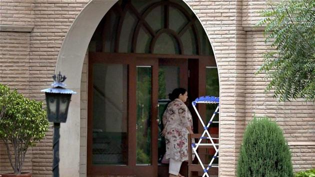 Misa Bharti outside her farmhouse in Ghitorni during a raid conducted by the Enforcement Directorate (ED) officials, in New Delhi on Saturday.(PTI Photo)