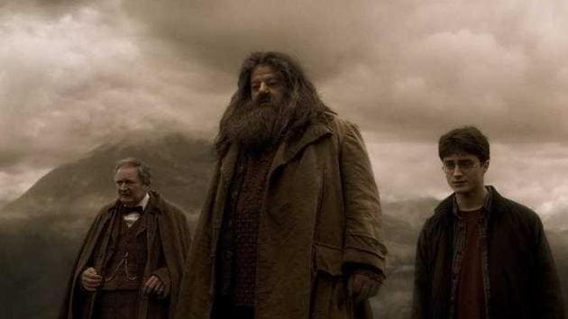 Professor Horace Slughorn , Hagrid and Harry Potter at Aragog’s funeral in a still from the seventh film Harry Potter and the Half-Blood Prince (2009).(IMDb.com)