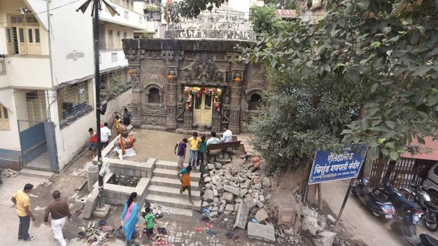 The temple has an idol of Lord Ganesh with three trunks and six hands, seated on a peacock, which in fact is a rare depiction of this deity.(Pratham Gokhale/HT PHOTO)