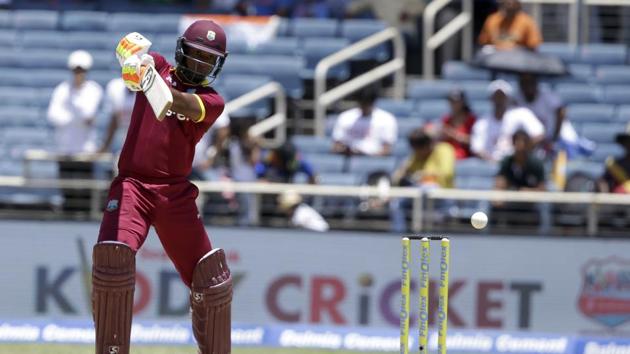 Evin Lewis in action during West Indies’ one-off T20I against India at Kingston, Jamaica. Get full cricket score of India vs West Indies here(AP)