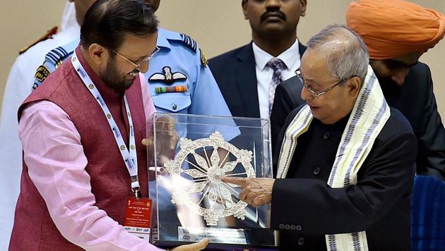 HRD minister Prakash Javadekar presents a memento to President Pranab Mukherjee during the National Convention on Digital Initiatives for Higher Education and the launch of SWAYAM, SWAYAM Prabha, and National Academic Depository in New Delhi on July 9. (PTI Photo) HRD minister Prakash Javadekar presents a memento to President Pranab Mukherjee during the National Convention on Digital Initiatives for Higher Education and the launch of SWAYAM, SWAYAM Prabha, and National Academic Depository in New Delhi on July 9. (PTI Photo)