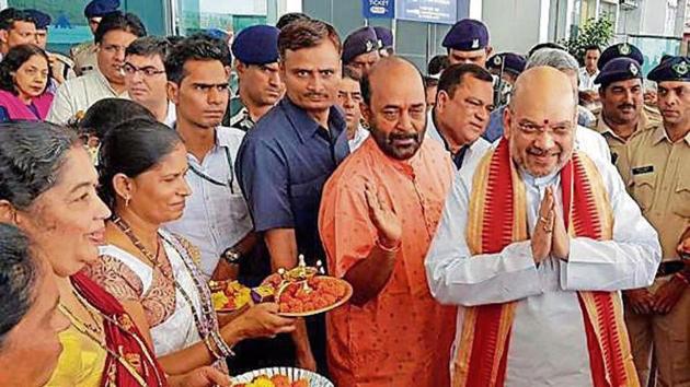 Amit Shah at the Dabolim airport in Goa .(PTI)