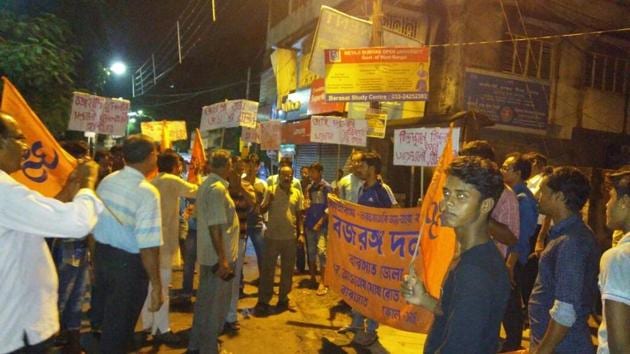 A Bajrang Dal protest march in Barasat, North 24 Parganas district last week against Basirhat violence.(HT Photo)