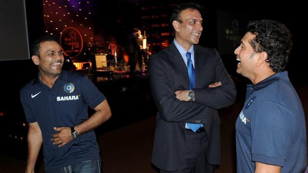 Virender Sehwag , Ravi Shastri and Sachin Tendulkar share a joke at the ICC Annual Awards at the Grand Castle, on October 6, 2010 in Bangalore. Shastri and Sehwag are vying for the head coach’s job of the Indian cricket team. (Getty Images) Virender Sehwag , Ravi Shastri and Sachin Tendulkar share a joke at the ICC Annual Awards at the Grand Castle, on October 6, 2010 in Bangalore. Shastri and Sehwag are vying for the head coach’s job of the Indian cricket team. (Getty Images)
