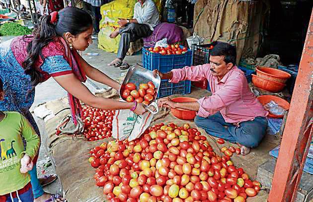 Cost of tomatoes in the city has seen a drop in purchase. Tomatoes are mainly arriving from Manchar, Narayangaon, Satara and Ahmednagar in the Pune market.(Rahul Raut/HT PHOTO)