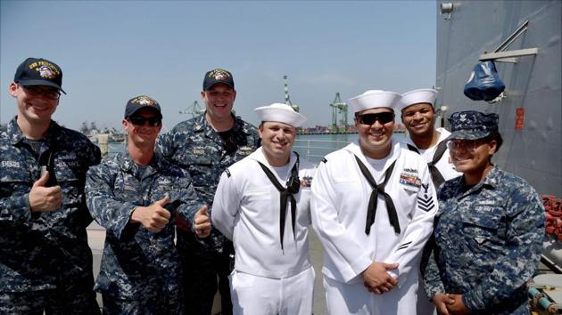 US sailors pose for the media on-board USS Princeton which arrived at the Chennai Port Trust to take part in the India, Japan and United States joint Malabar Naval Exercise that began in Chennai on Monday.)(PTI Photo)