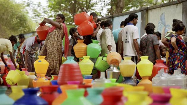Due to irregular water supply in the city people have to stand in long queues at Metro water filling station as the four main reservoirs -- Poondi, Red Hills, Cholavaram and Chembarambakkam have majorly dried up. (R Senthil Kumar / PTI) Due to irregular water supply in the city people have to stand in long queues at Metro water filling station as the four main reservoirs -- Poondi, Red Hills, Cholavaram and Chembarambakkam have majorly dried up. (R Senthil Kumar / PTI)