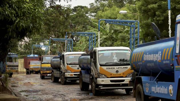 Water tankers parked at a Metro water filling station in Chennai. In many areas, piped water is being supplied only once in three days. (R Senthil Kumar/ PTI) Water tankers parked at a Metro water filling station in Chennai. In many areas, piped water is being supplied only once in three days. (R Senthil Kumar/ PTI)