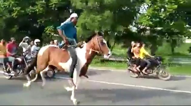 In the video that went viral on social media on July 9, two stallions ridden by the men were seen racing against each other on the main carriageway of the Noida-Greater Noida Expressway. In the video that went viral on social media on July 9, two stallions ridden by the men were seen racing against each other on the main carriageway of the Noida-Greater Noida Expressway.
