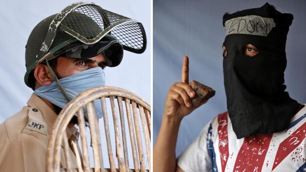 A composite image shows a 25-year-old police officer (L), and an 18-year-old student and stone pelter, who both asked to remain anonymous, in Kashmir, India. The police officer said, ‘I am the son of a farmer and joined the police as I had no job. We are part of the same society, and using force against children is very difficult for us. We try to exercise maximum restraint, that is why we get injured.’ The protester meanwhile responded, ‘I was hit by pellets last year during stone pelting and taken to a nearby hospital. There were 48 pellets in my body, out of which 35 were removed and rest are still inside.’ (Cathal McNaughton / Reuters)