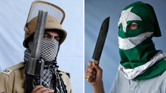 This composite picture shows a 47-year-old police officer (L), and a 19-year-old student and stone pelter, who spoke on condition of anonymity, posing for portraits in Kashmir, India. The police officer explained, ‘I've been in crowd control since 2008. First we chase the stone pelters. We fire tear gas only when the crowd gets out of control.’ The protester justified his actions, saying, ‘My parents tell me not to do stone pelting but I do, as we want freedom from India. I was hit by pellets in 2016. Two pellets are still in my body.’ (Cathal McNaughton / Reuters)