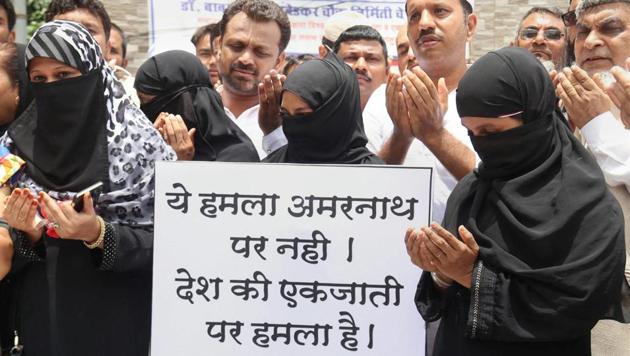People in Mumbai protest against the Amarnath Yatra attack. (PTI Photo) People in Mumbai protest against the Amarnath Yatra attack. (PTI Photo)