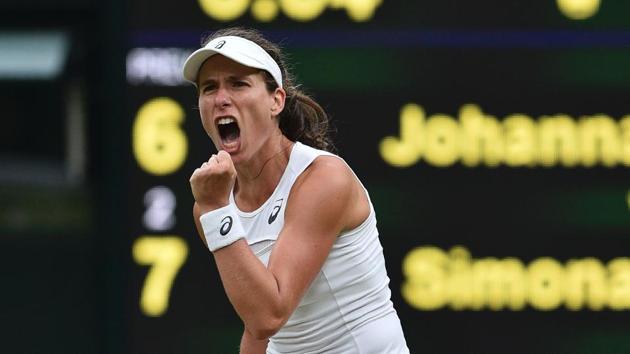 Johanna Konta won in three sets against Simona Halep to book her place in the semi-finals. (AFP)