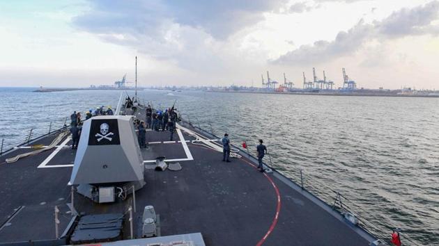 The Arleigh Burke-class guided-missile destroyer USS Kidd (DDG 100) arrives in India for Malabar 2017 on July 10. (Reuters) The Arleigh Burke-class guided-missile destroyer USS Kidd (DDG 100) arrives in India for Malabar 2017 on July 10. (Reuters)
