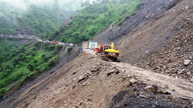 Landslides like this one in Kalsi often hold up traffic for several days in the hilly areas. (HT Photo) Landslides like this one in Kalsi often hold up traffic for several days in the hilly areas. (HT Photo)