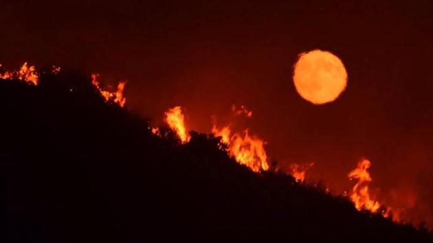 The full moon rises over flames of the Alamo fire on a hilltop off Highway 166 east of Santa Maria, California. (Reuters) 