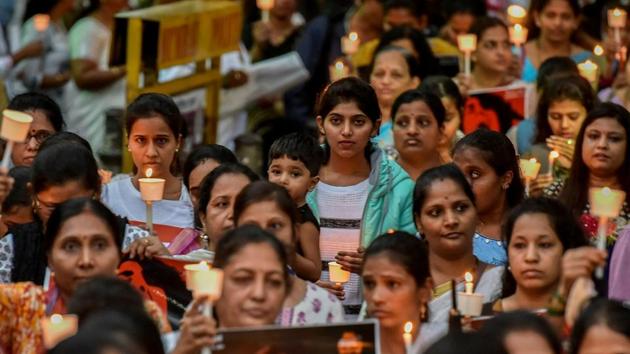 Women take part in the march. (Kunal Patil/HT Photo) 