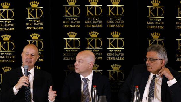 US President Donald Trump's Middle East envoy, Jason Greenblatt, center, Israeli Minister of Regional Cooperation Tzachi Hanegbi, left, and the head of the Palestinian Water Authority, Mazen Ghoneim give a news conference about a water-sharing agreement, in Jerusalem on July 13, 2017. (AP Photo) US President Donald Trump's Middle East envoy, Jason Greenblatt, center, Israeli Minister of Regional Cooperation Tzachi Hanegbi, left, and the head of the Palestinian Water Authority, Mazen Ghoneim give a news conference about a water-sharing agreement, in Jerusalem on July 13, 2017. (AP Photo)