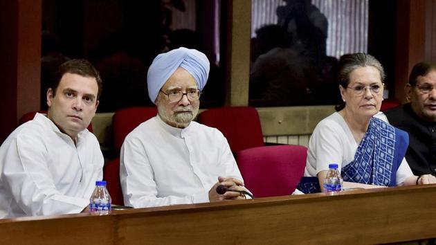 Congress leaders Rahul Gandhi, Manmohan Singh and Sonia Gandhi at a meeting in New Delhi. (PTI) Congress leaders Rahul Gandhi, Manmohan Singh and Sonia Gandhi at a meeting in New Delhi. (PTI)