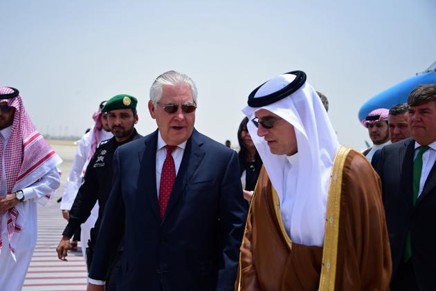 US secretary of state Rex Tillerson is welcomed by Saudi foreign minister Adel al-Jubeir upon his arrival in Jeddah on July 12, 2017. (AP) US secretary of state Rex Tillerson is welcomed by Saudi foreign minister Adel al-Jubeir upon his arrival in Jeddah on July 12, 2017. (AP)