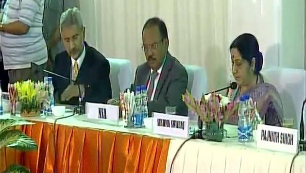 Foreign minister Sushma Swaraj with NSA Ajit Doval (centre) and foreign secretary S Jaishankar at the meeting with opposition parties in New Delhi on Friday.(ANI Twitter)