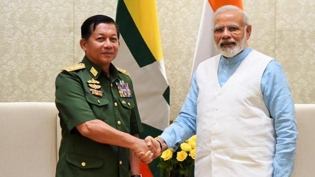 Sr. Gen. U Min Aung Hliang, Commander-in-Chief of the Myanmar Defence Services calls on PM @narendramodi in New Delhi on July 14, 2014.(PIB Twitter) Sr. Gen. U Min Aung Hliang, Commander-in-Chief of the Myanmar Defence Services calls on PM @narendramodi in New Delhi on July 14, 2014.(PIB Twitter)