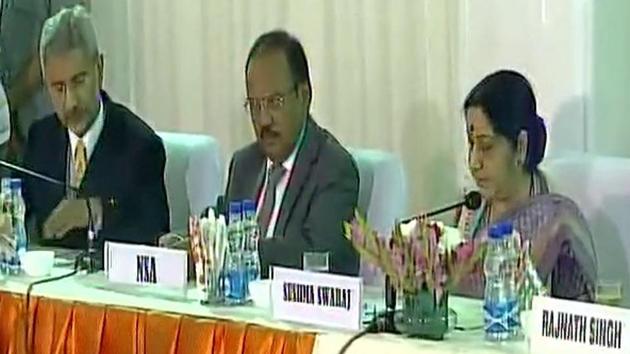 Foreign minister Sushma Swaraj with NSA Ajit Doval (centre) and foreign secretary S Jaishankar at the meeting with opposition parties in New Delhi on Friday.(ANI Photo)