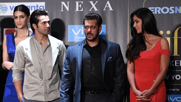 Kriti Sanon, Varun Dhawan, Salman Khan and Katrina Kaif pose during a press conference ahead of the 18th International Indian Film Academy (IIFA) Festival, in New York City. (AFP)