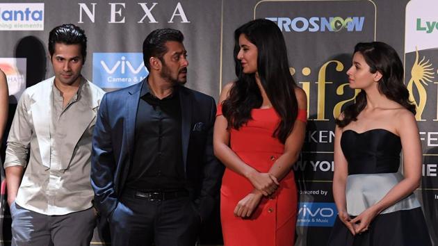 Salman Khantalks to Katrina Kaif AS Varun Dhawan and Alia Bhatt look on during the press conference. (AFP)