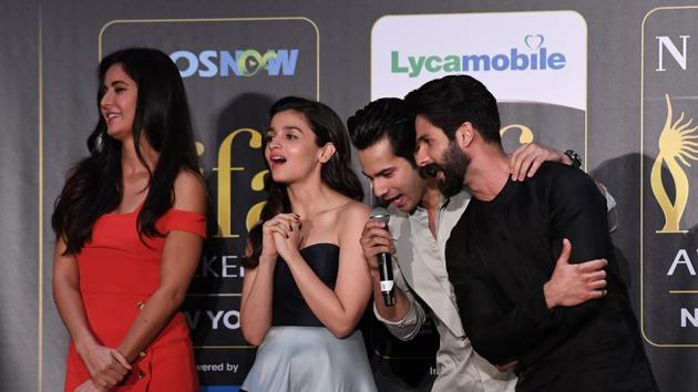Bollywood actors (L-R) Katrina Kaif, Alia Bhatt, Varun Dhawan and Shahid Kapoor react during a press conference ahead of the 18th International Indian Film Academy (IIFA) Festival, in New York City. (AFP)