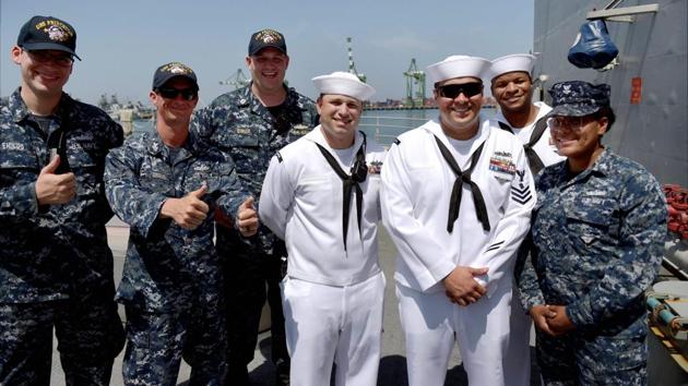 US sailors pose aboard USS Princeton which arrived at the Chennai Port Trust to take part in the India, Japan and United States joint Malabar Naval Exercise that started on July 10.(PTI)