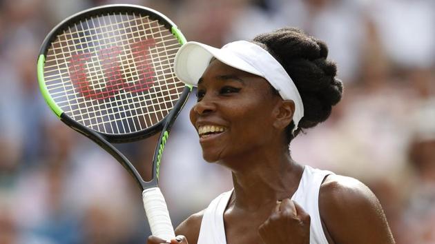 US player Venus Williams celebrates beating Britain's Johanna Konta during their women's singles semi-final match during the 2017 Wimbledon Championships at The All England Lawn Tennis Club in Wimbledon, southwest London.(AFP Photo)