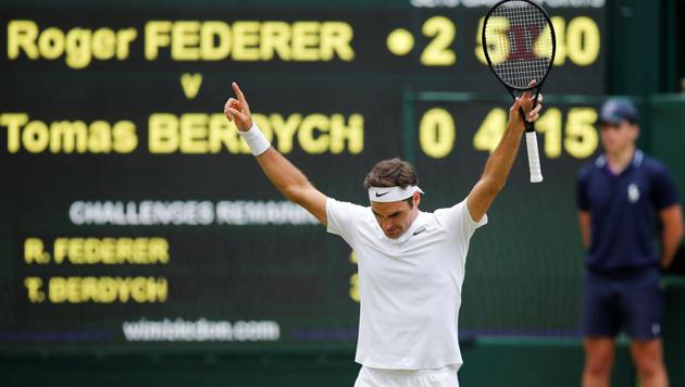 Switzerland’s Roger Federer celebrates winning the semi-final against Czech Republic’s Tomas Berdych at Wimbledon. (Reuters) Switzerland’s Roger Federer celebrates winning the semi-final against Czech Republic’s Tomas Berdych at Wimbledon. (Reuters)