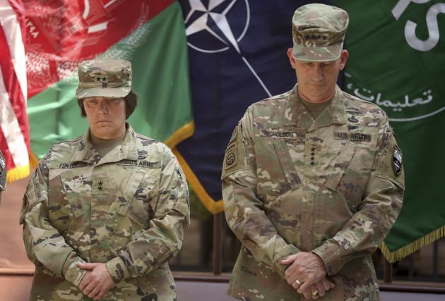 Gen John W Nicholson (right) and incoming Maj Gen Robin L Fontes attend a change of command ceremony at Resolute Support headquarters in Kabul on July 15, 2017. (AP) Gen John W Nicholson (right) and incoming Maj Gen Robin L Fontes attend a change of command ceremony at Resolute Support headquarters in Kabul on July 15, 2017. (AP)