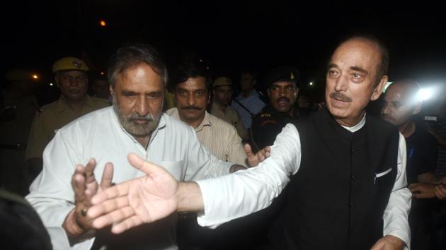 Senior Congress leaders Anand Sharma and Ghulam Nabi Azad after attending an all-party meeting.(Sonu Mehta/HT Photo)