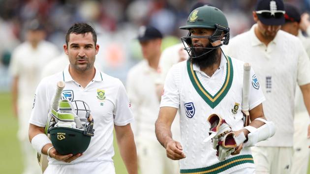 South Africa's Dean Elgar and Hashim Amla at the end of Day 2’s play in the second Test at Nottingham. (Reuters) South Africa's Dean Elgar and Hashim Amla at the end of Day 2’s play in the second Test at Nottingham. (Reuters)