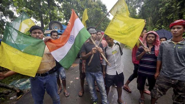 Members of the Indigenous People's Front of Tripura (IPFT) and other tribal wings go on a road and rail blockade movement to demand a separate state- Tipraland in the outskirts of Agartala. (PTI) Members of the Indigenous People's Front of Tripura (IPFT) and other tribal wings go on a road and rail blockade movement to demand a separate state- Tipraland in the outskirts of Agartala. (PTI)
