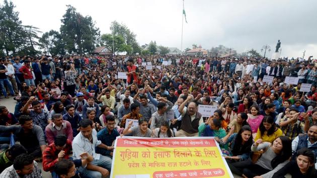 People protesting against rape and murder of a minor girl in Shimla on June 15.(Deepak Sansta/HT)