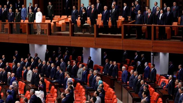 Turkish Parliament convenes to commemorate the attempted coup on its first anniversary at the Turkish parliament in Ankara, Turkey. (Reuters Photo)