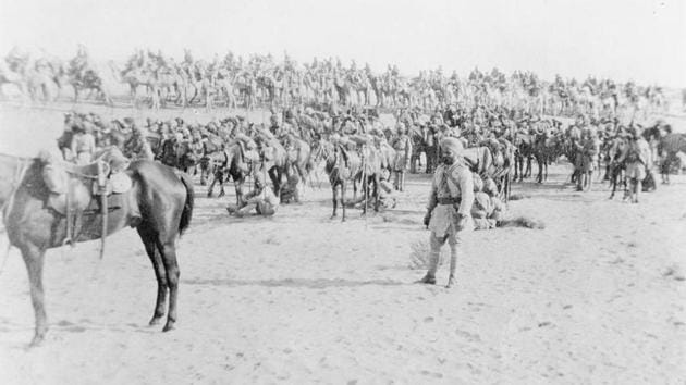Mysore and Bengal Lancers with Bikanir Camel Corps in the Sinai Desert, 1915. (WIKIMEDIA COMMONS) Mysore and Bengal Lancers with Bikanir Camel Corps in the Sinai Desert, 1915. (WIKIMEDIA COMMONS)