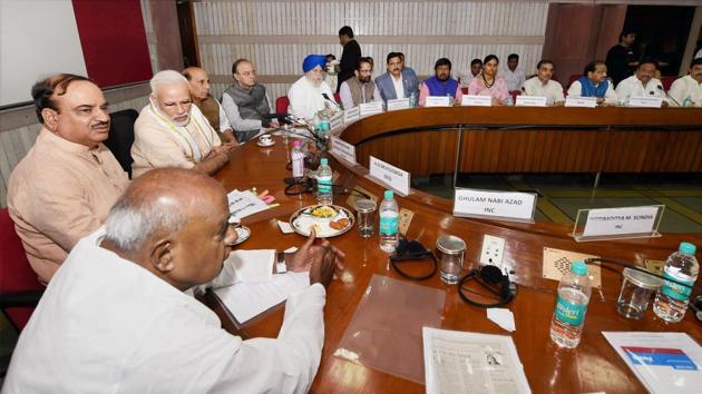 Prime Minister Narendra Modi, home minister Rajnath Singh, finance minister Arun Jaitley, parliamentary affairs ministers Ananth Kumar, MoS SS Ahluwalia , former Prime Minister and JD(S) President HD Deve Gowda and others during an all-party meeting ahead of monsoon session of Parliament. (PTI) Prime Minister Narendra Modi, home minister Rajnath Singh, finance minister Arun Jaitley, parliamentary affairs ministers Ananth Kumar, MoS SS Ahluwalia , former Prime Minister and JD(S) President HD Deve Gowda and others during an all-party meeting ahead of monsoon session of Parliament. (PTI)