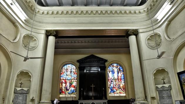 Owing to its dilapidated state, in April last year the church conservation committee with the help of Indian National Trust for Art and Cultural Heritage (INTACH), launched restoration work on the grand old structure.  (Ajay Aggarwal/HT PHOTO) 