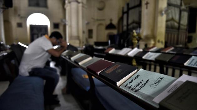 According to the project director the amount of damage to the foundation of the church due to vibrations caused by Metro rail movement is not known but the work to stabilise the underpinning has been completed. (Ajay Aggarwal/HT PHOTO) 