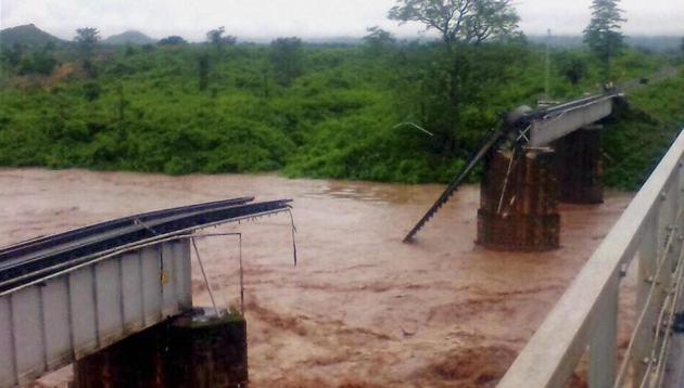 Damaged railway bridge over river Nagabali in Rayagada district on Sunday. (PTI) Damaged railway bridge over river Nagabali in Rayagada district on Sunday. (PTI)