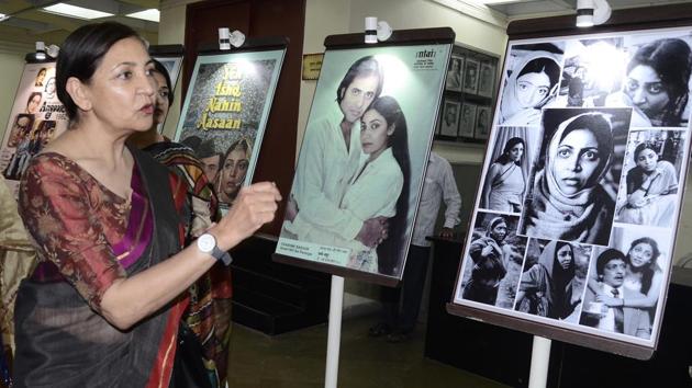 Actress Deepti Naval at an exhibition of her movie posters organised by the NFAI at her book launch.(HT PHOTO)